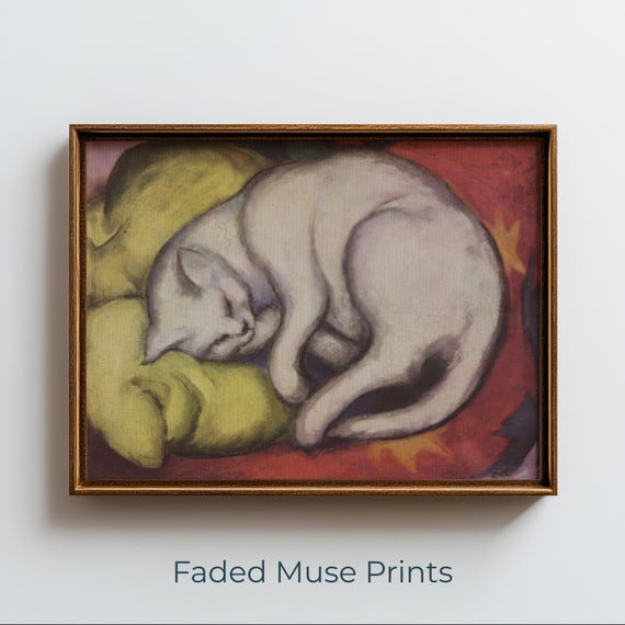 Vintage Sleeping White Cat Painting Cozy Feline Art For Cottagecore Decor Digital Download 1159