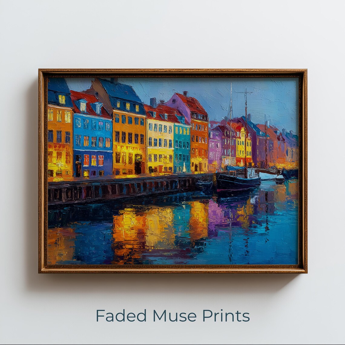 Nyhavn Copenhagen Canal Houses Evening Waterfront Oil Painting Poster