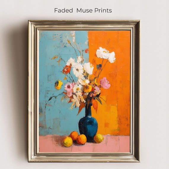 Modern Floral Still Life Art Print Color Block Vase Painting Digital Download
