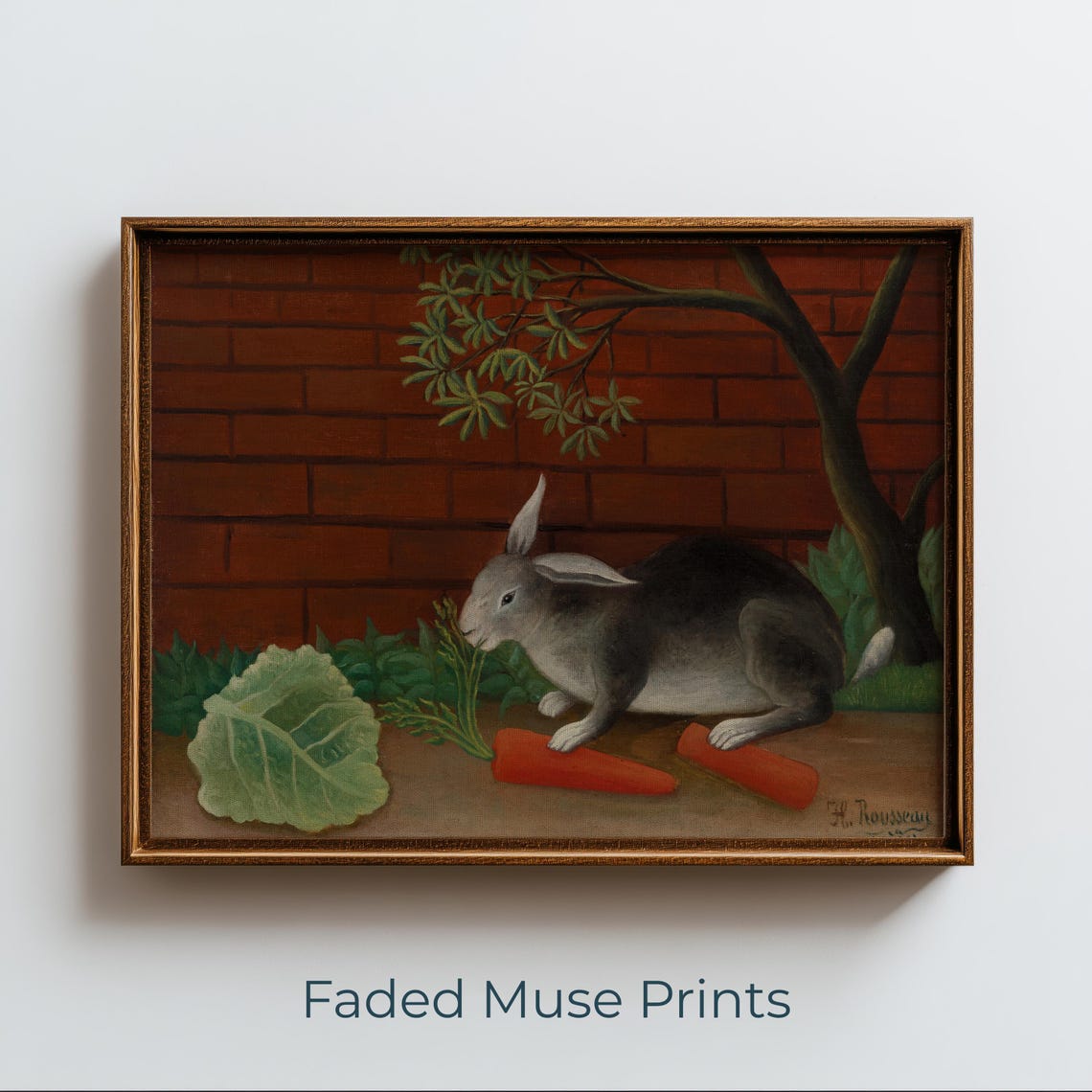 Gray Rabbit with Carrots Farmhouse Garden Rabbit Painting Wall Art