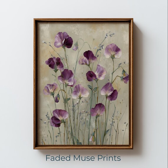 Dusty Mauve Sweet Pea Blooms Purple Loose Wildflower Art Print