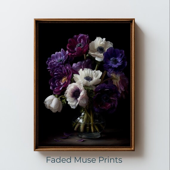 Purple Anemone Bouquet Poster Moody Floral Still Life Artwork
