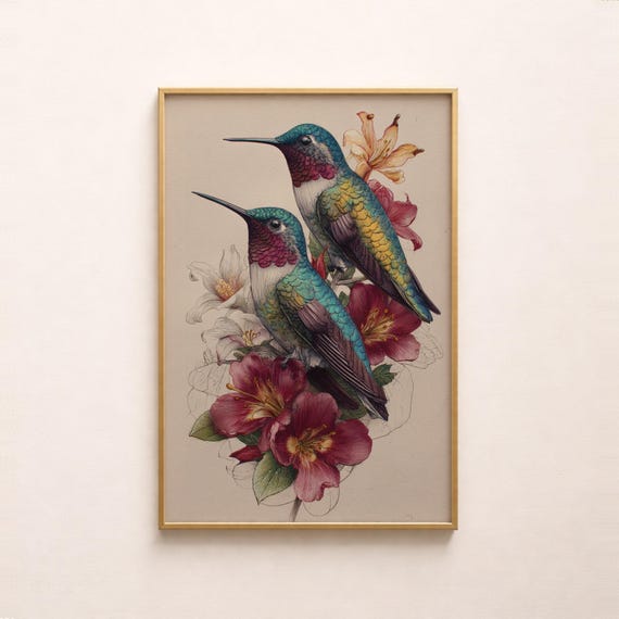 Vintage Hummingbird Botanical Art Print, Floral Decor