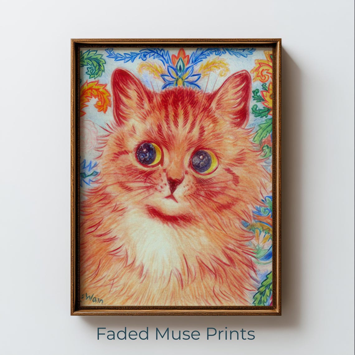 Louis Wain Style Orange Tabby Kitten Psychedelic Floral Cat Poster