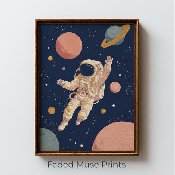 Whimsical Astronaut Art Kids Space Nursery Decor Retro Planet Print Digital Download 2358
