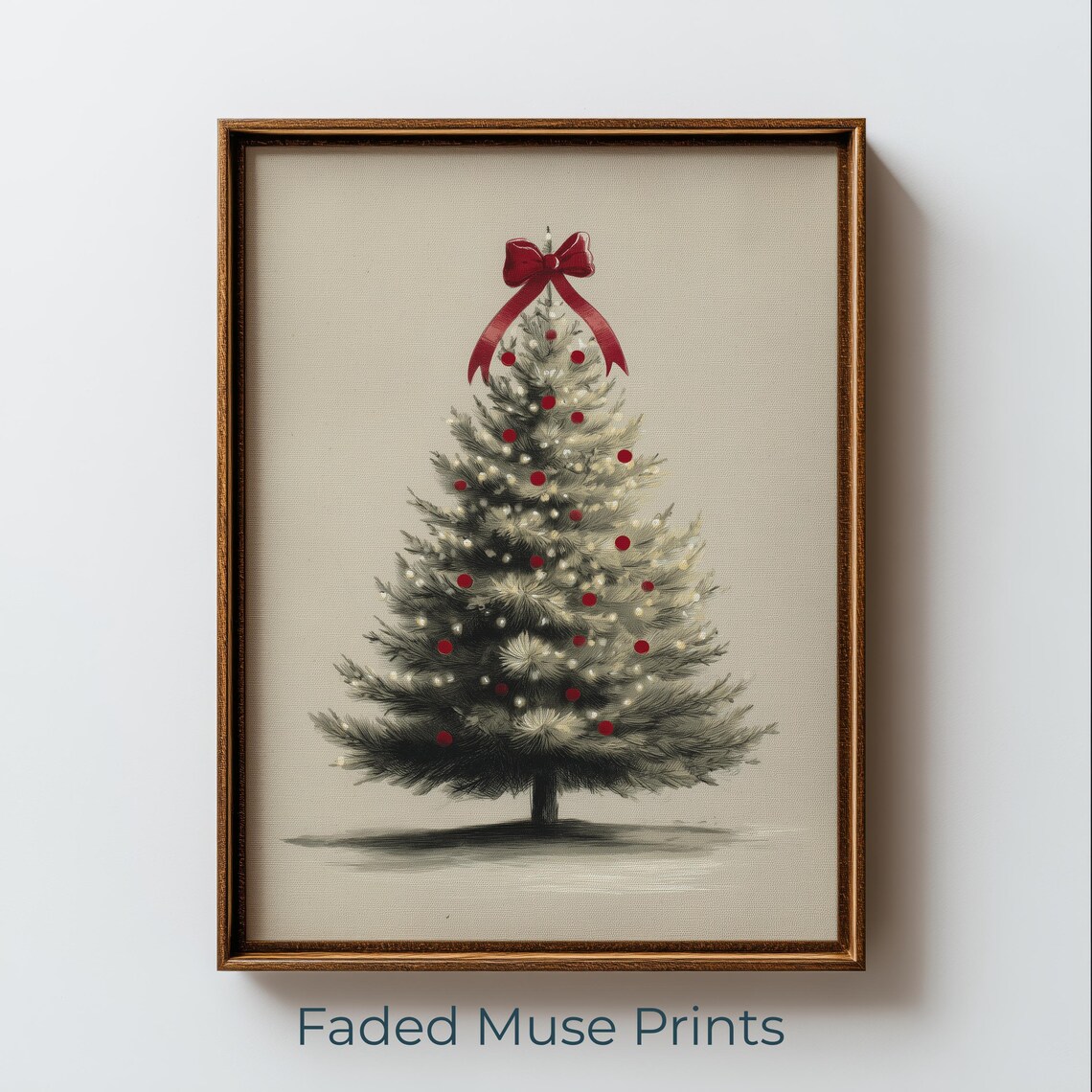 Vintage Christmas Tree Print Red Ornaments Farmhouse Decor Digital Download 4013