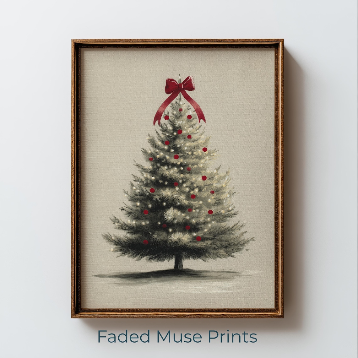Vintage Christmas Tree Red Bow Ornaments Farmhouse Holiday Poster