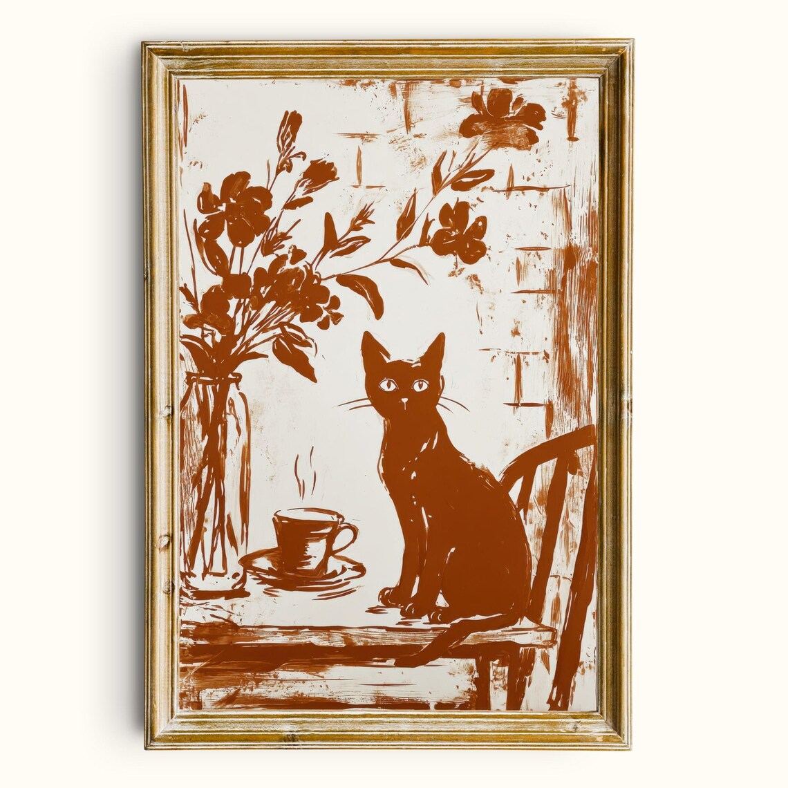 Cozy Cat Coffee Print Warm Terracotta Cottage Printable Wall Art Digital Download