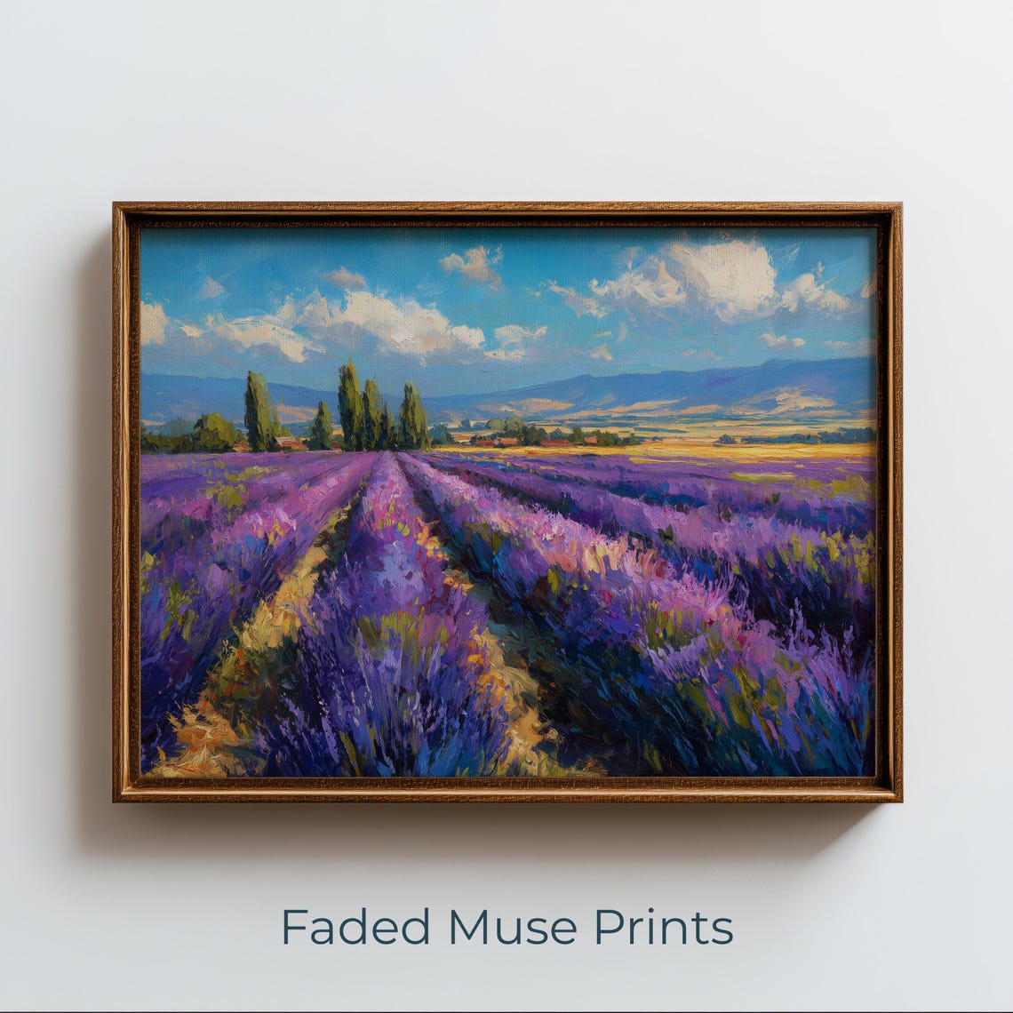 Endless Lavender Field Oil Painting Poster Purple Rows Under Blue Sky