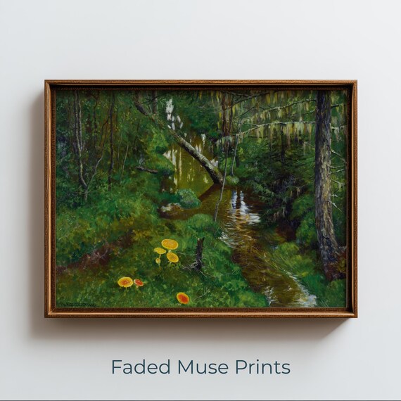 Mossy Woodland Stream Painting Print Green Forest Mushroom Artwork