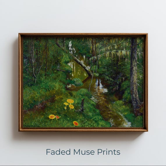Woodland Stream Painting Mossy Forest Landscape Art With Bright Mushrooms Digital Download 1571