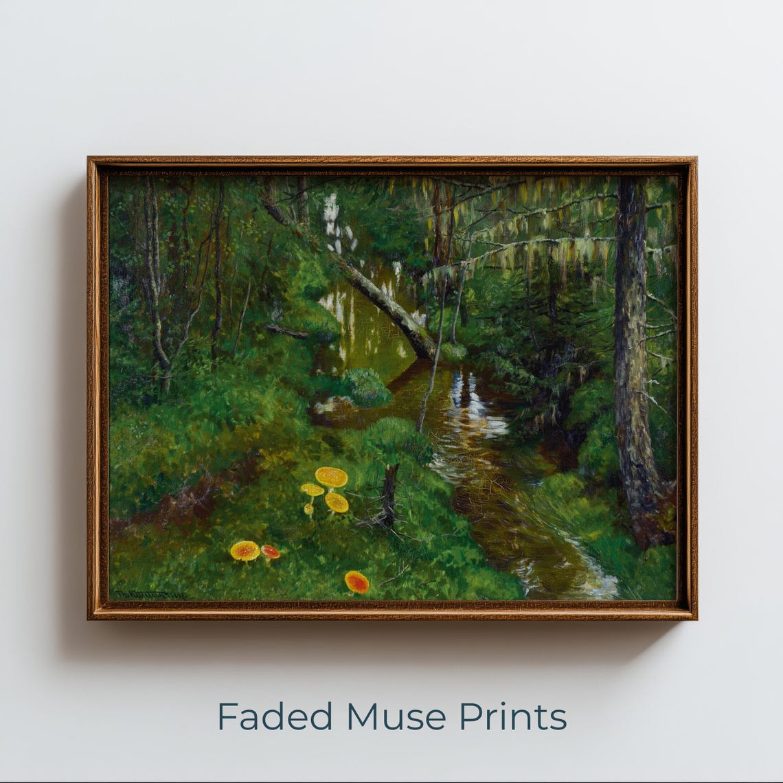 Mossy Woodland Stream Painting Print Green Forest Mushroom Artwork
