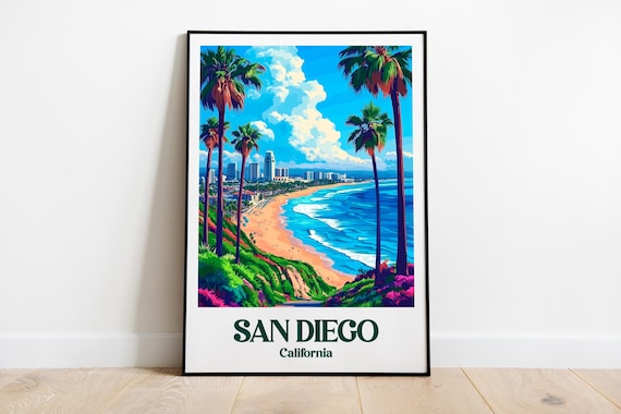 San Diego California Beach Aerial View Palms Cliffs Travel Poster