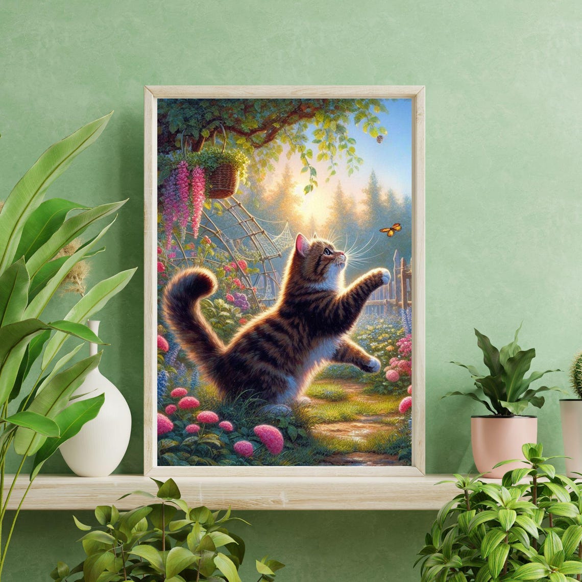 Playful Tabby Cat Chasing A Butterfly In A Blooming Garden Poster - Image 2