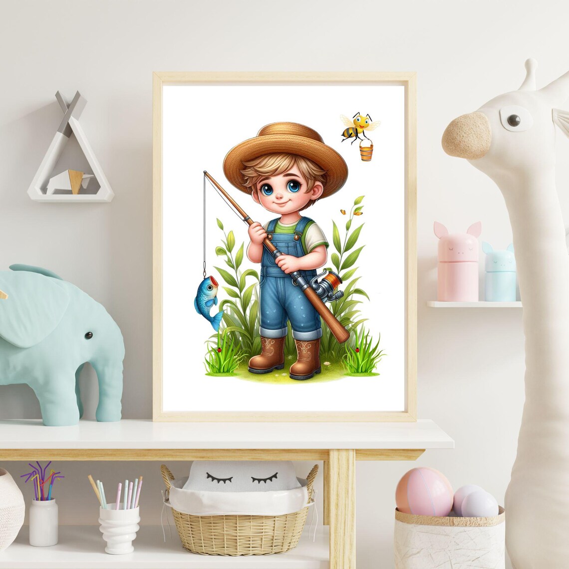 Little Boy Fisherman With Rod and Caught Fish Kids Room Poster - Image 3