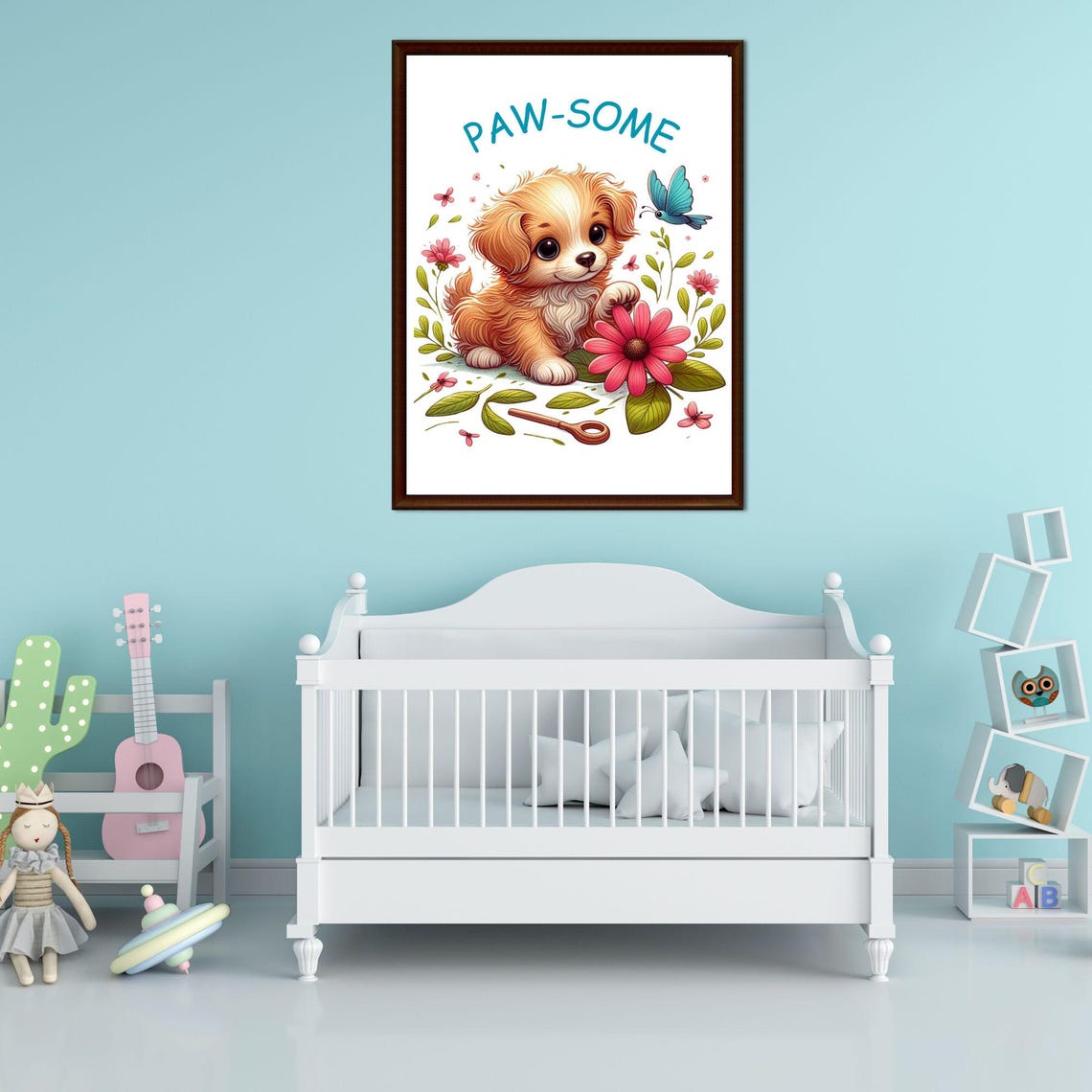 Paw-some Puppy With Flowers and Butterfly in Kids Room Poster - Image 3