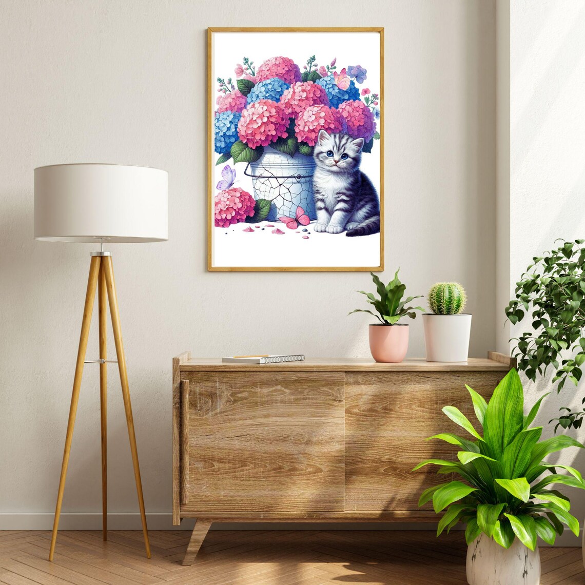 Kitten Beside Bucket of Pink and Blue Hydrangeas Floral Poster - Image 5