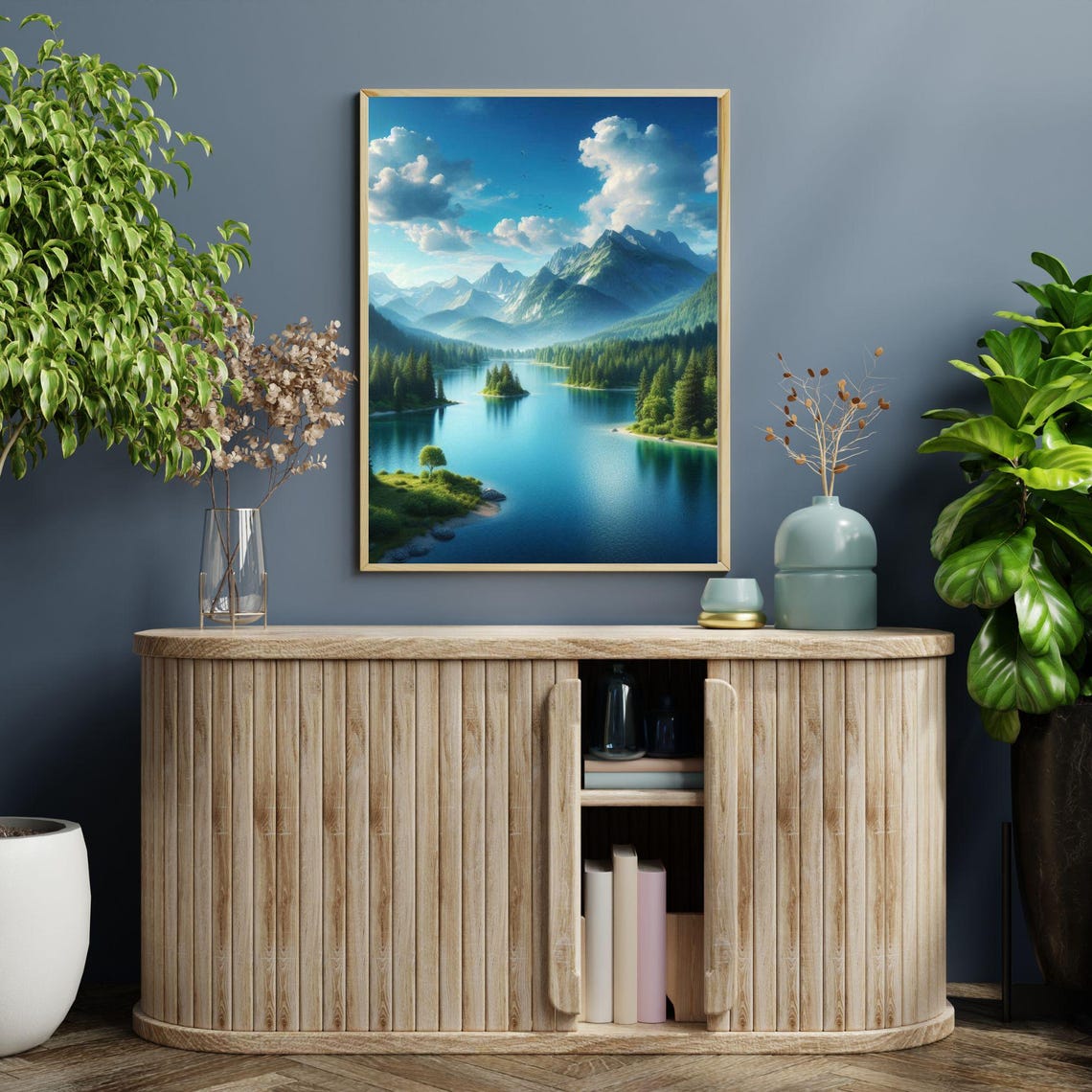 Alpine Lake With Forested Mountains and Blue Sky Landscape Poster - Image 2