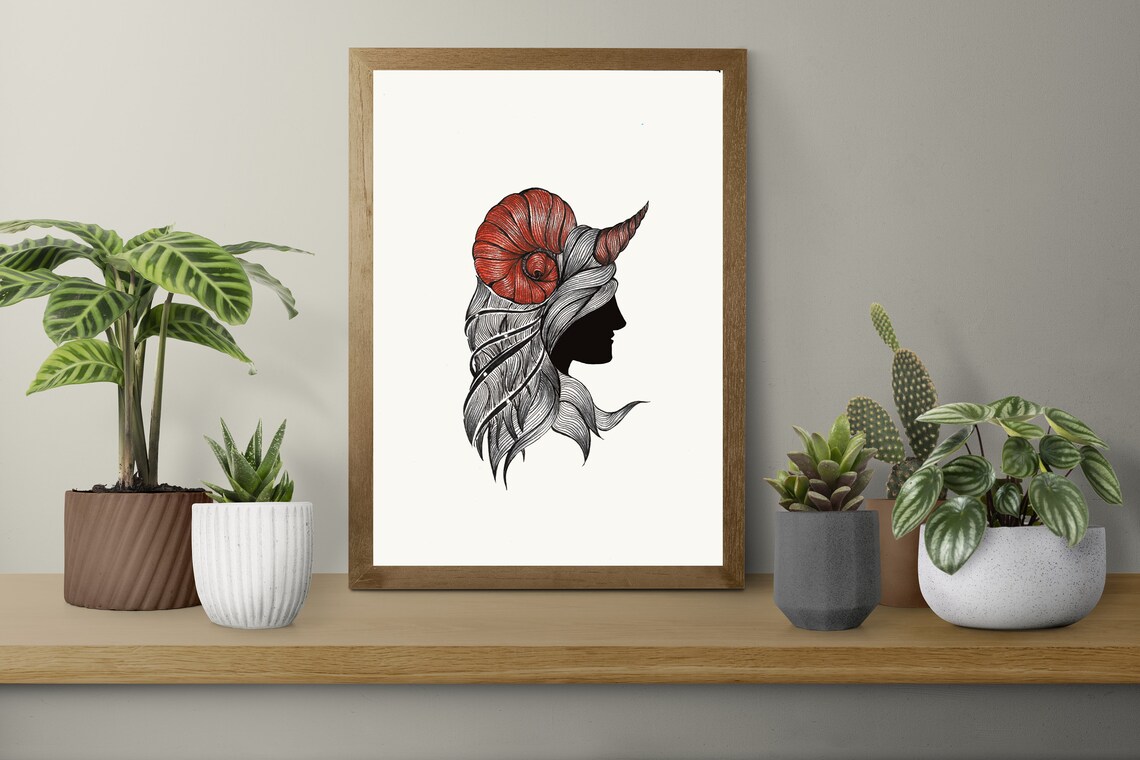 Aries Ram Woman Silhouette Line Art Zodiac Horns Elegant Wall Art