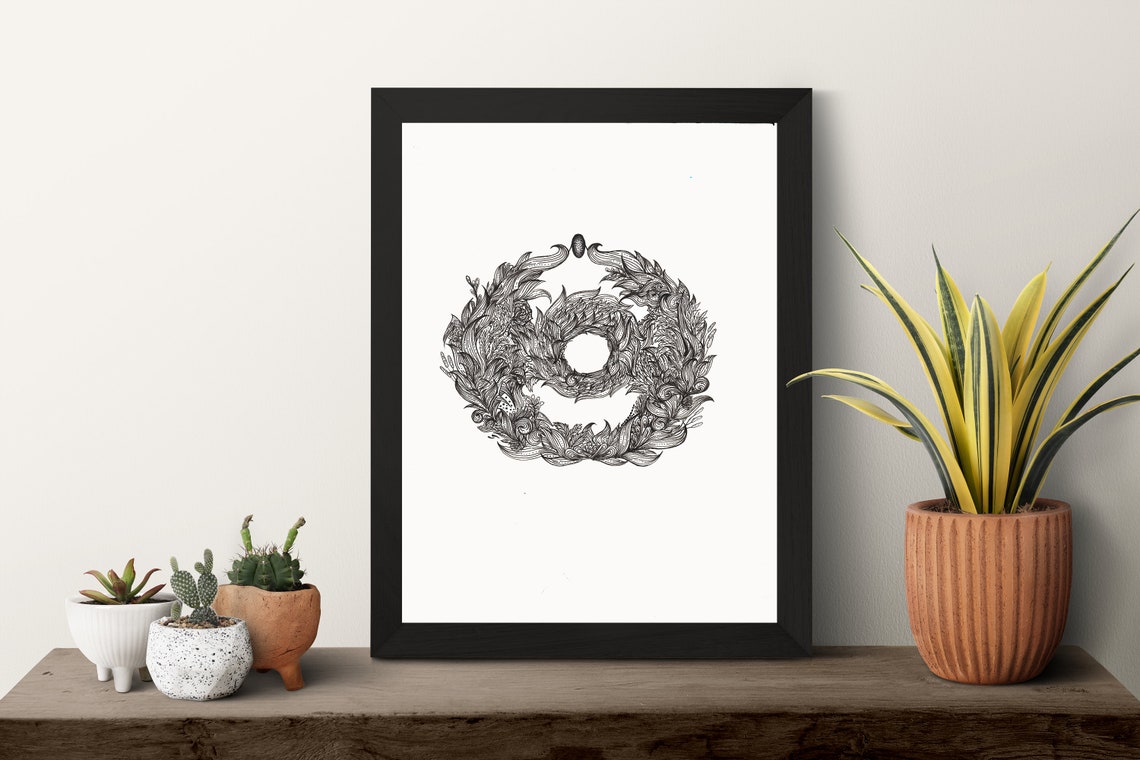 Hanging Leaf Bouquet Line Art Print Intricate Botanical Circle Drawing