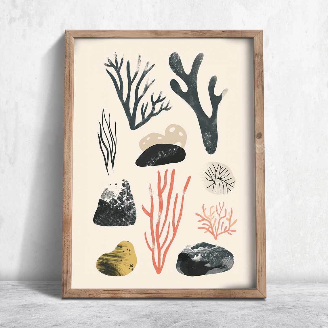 Print Seaweed And Stones Abstract Drawing Boho Style Poster Wall Art Nursery Decor