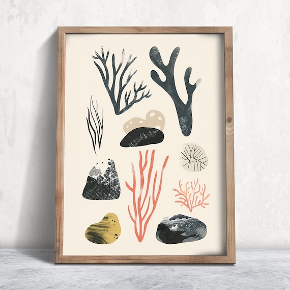 Dark Seaweed Coral And Stones Abstract Coastal Botanical Art Print