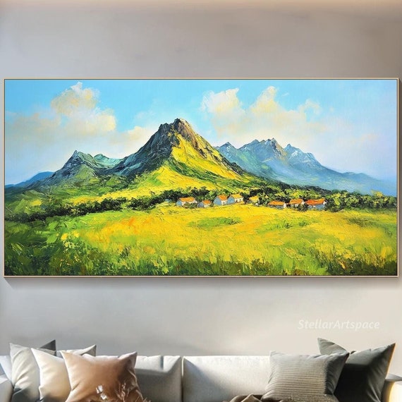 Original Mountain Painting On 3d Green Fields Textured Wall Art Peaceful Valley Painting Modern Rustic Decor Large Living Room Art