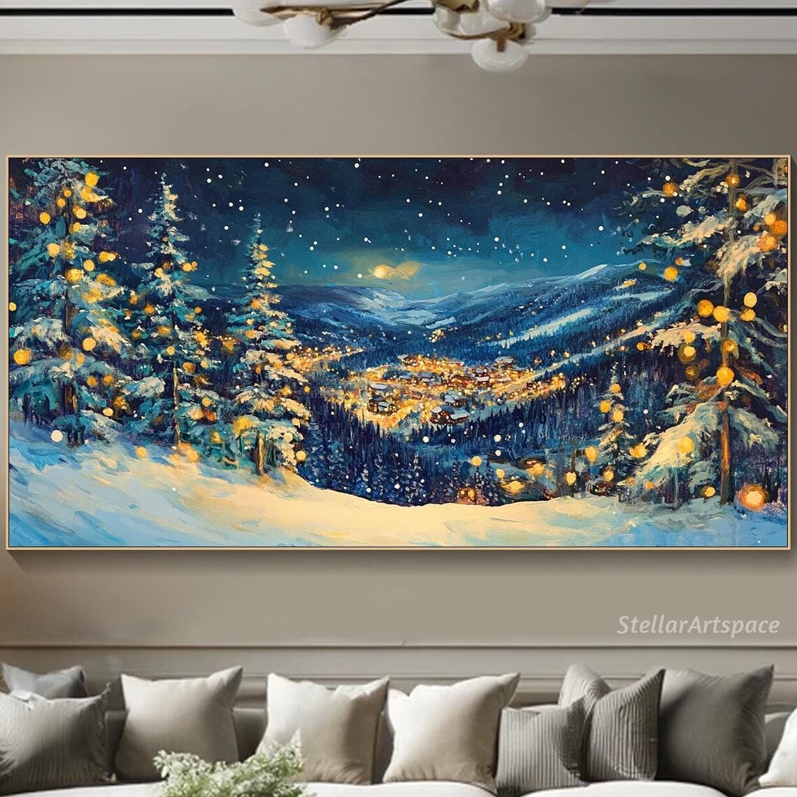 Snowy Village Christmas Night Lights Starry Mountain Winter Poster