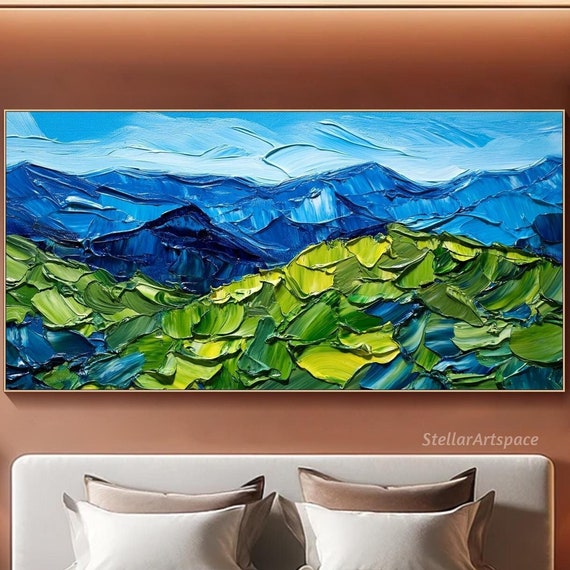 Mountain Painting On 3d Blue Green Textured Wall Art Abstract Impasto Nature Artwork Sky And Hills Art Large Living Room Art