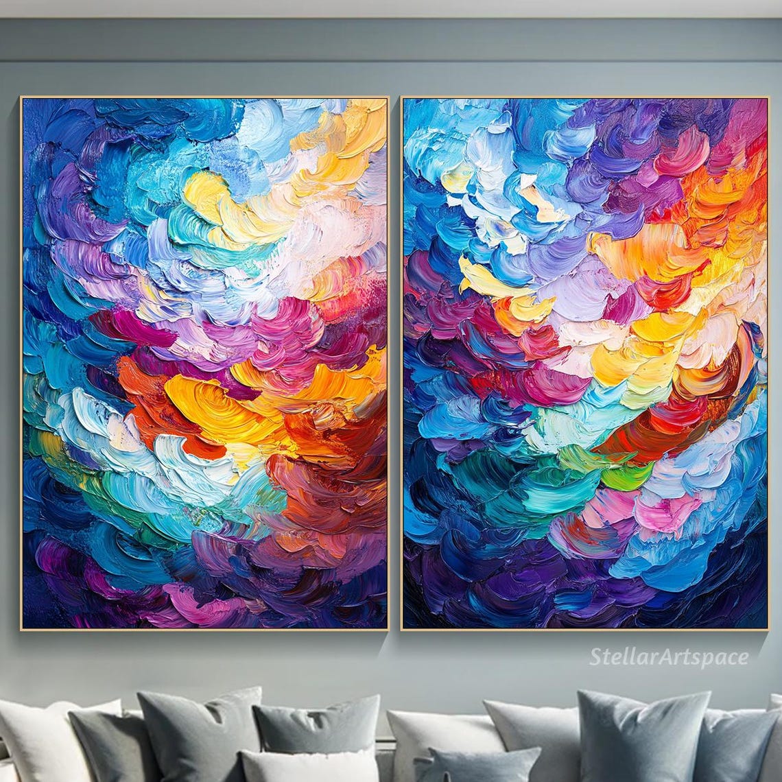 Colorful Abstract Swirl Diptych Impasto Rainbow Texture Wall Art