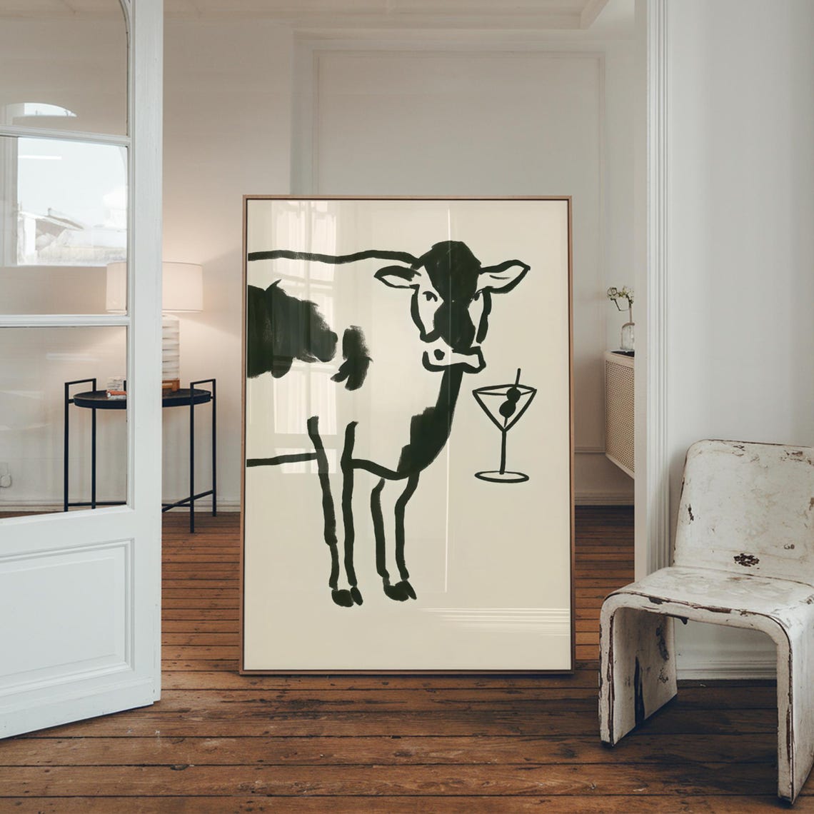 Funny Minimalist Cow Ink Drawing With Cocktail Martini Poster