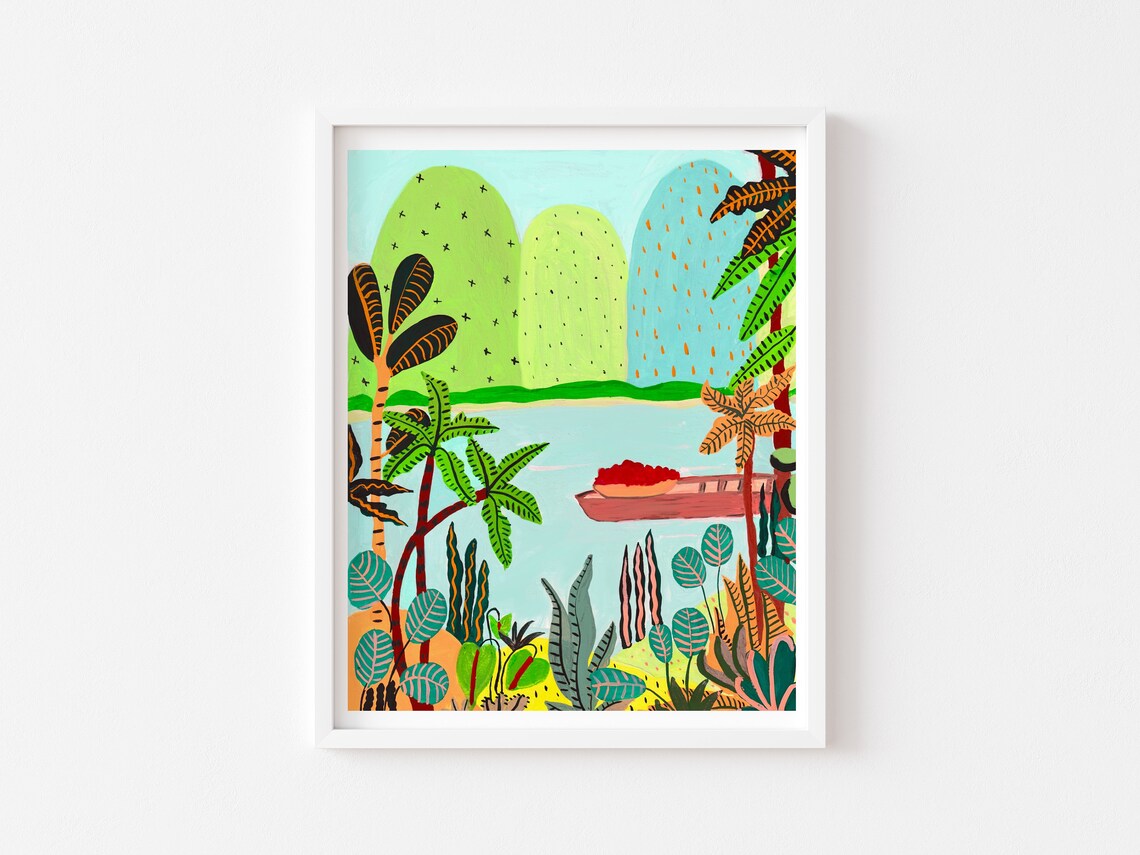 Tropical Scene Art Print, Jungle Mountain River - Image 2
