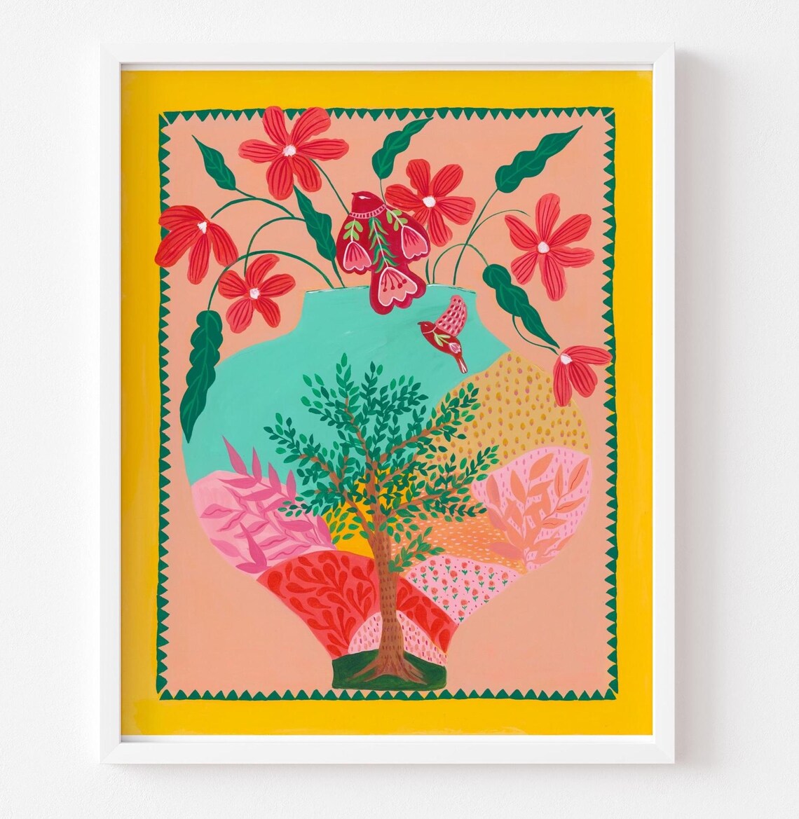 Colorful Folk Art Birds Tree of Life Vase Flower Framed Art Print