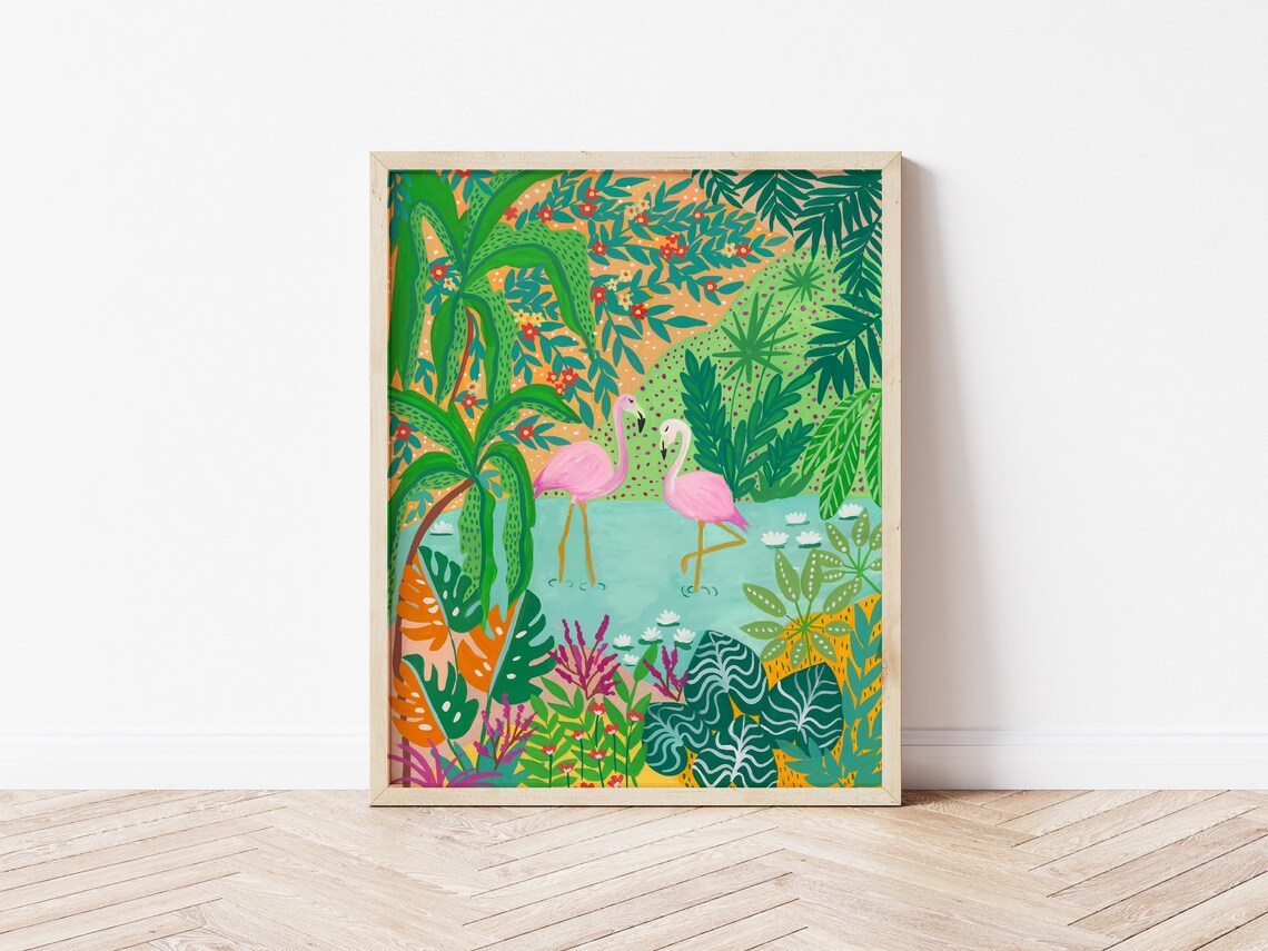 Pink Flamingo Bird Print, Maximalist Jungle Decor - Image 2