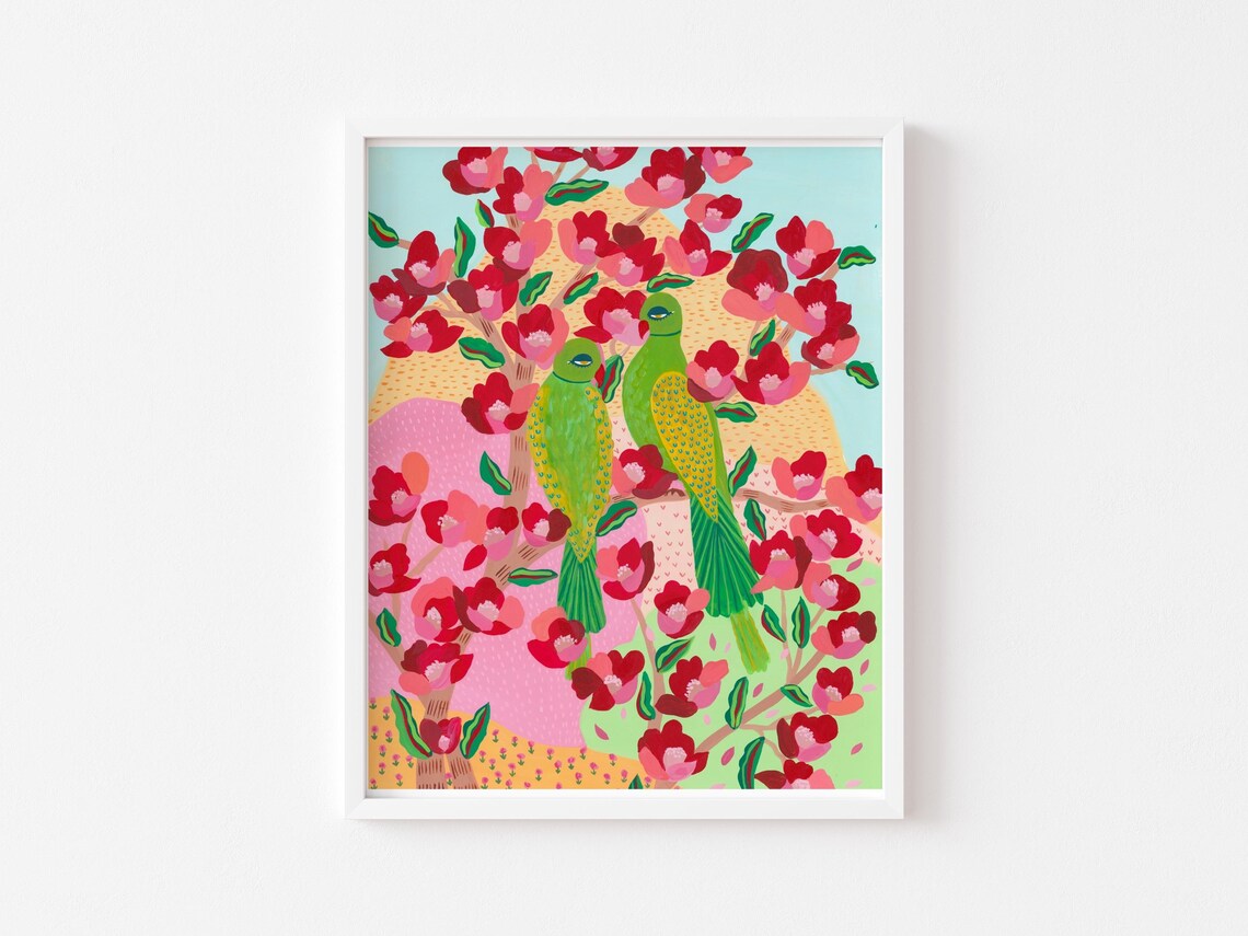 Green Parrots in Pink Blossom Tree Folk Style Framed Art Print
