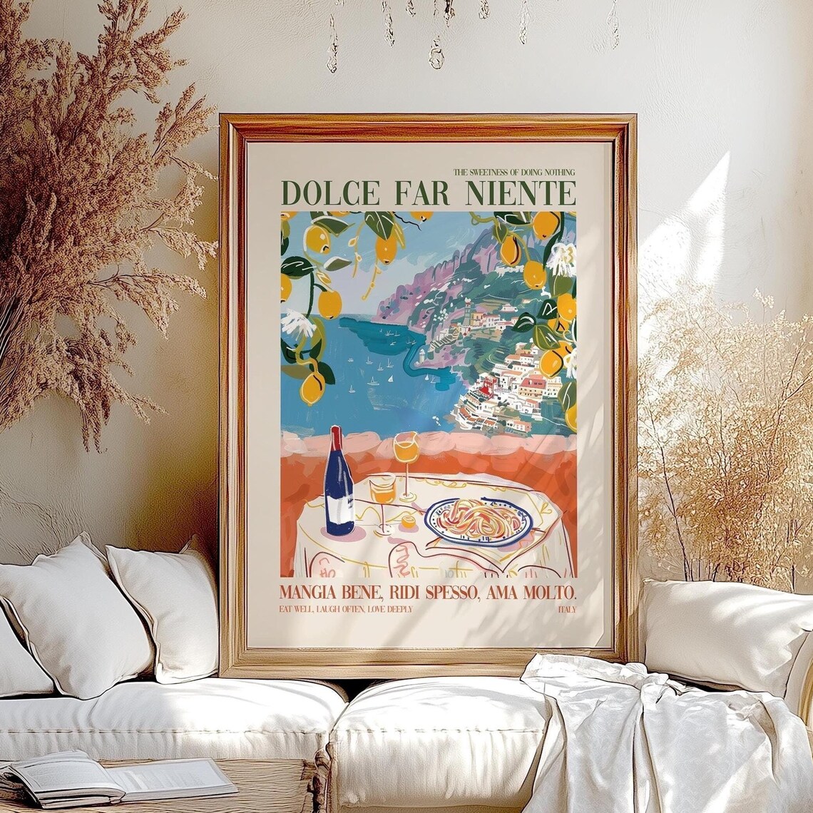 Retro Italian Food Lover Quote Art Print, Pasta & Wine