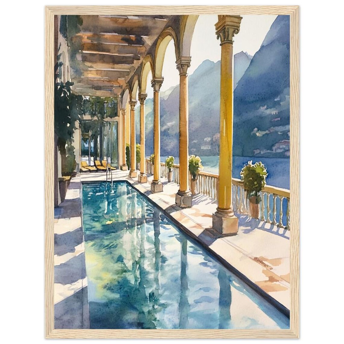 Italian Villa Pool Watercolor Lake Como Elegant Terrace Poster