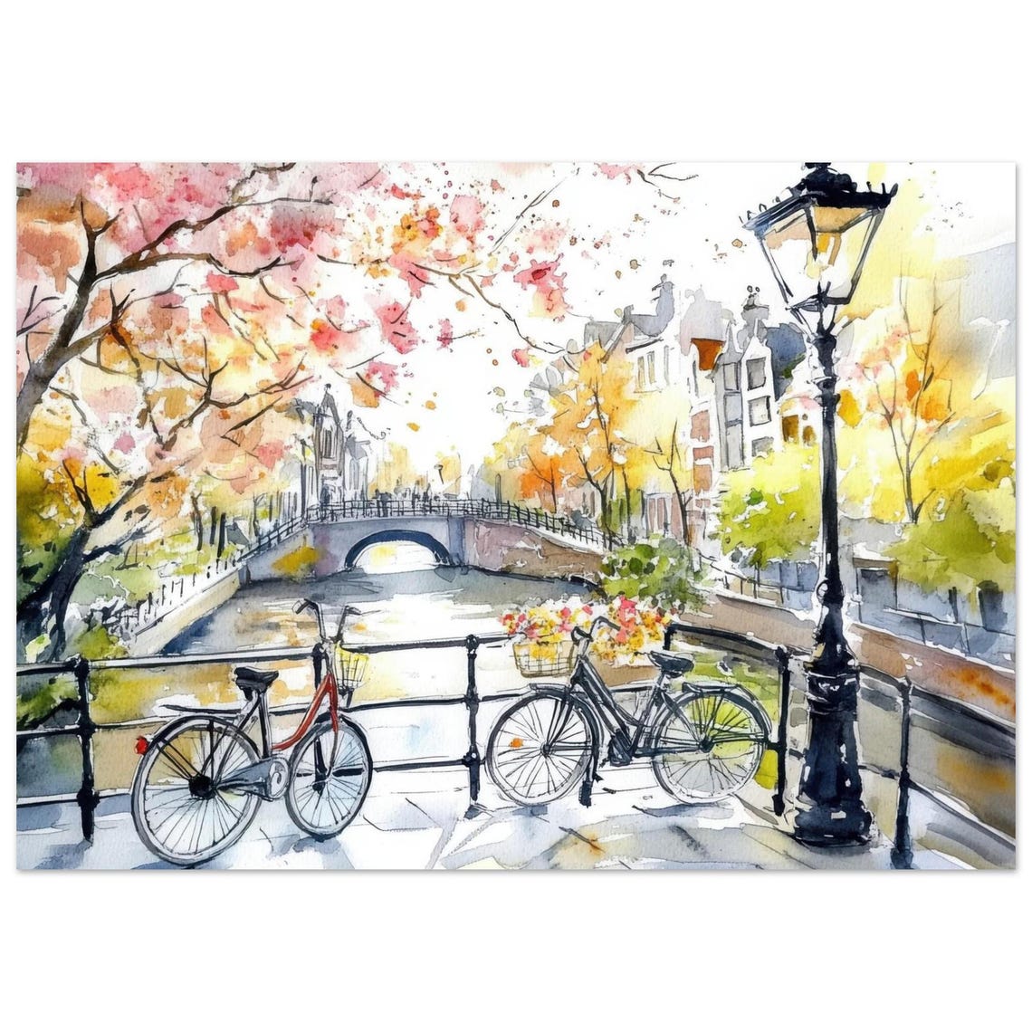 Amsterdam Canal Autumn Watercolor Bicycles Netherlands Poster