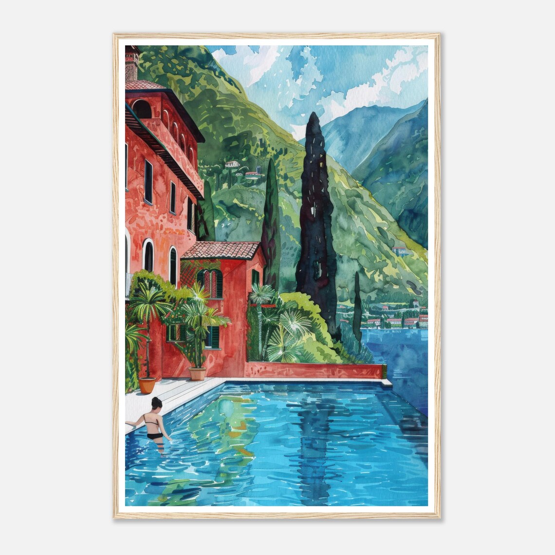 Lake Como Red Villa Pool Watercolor Italian Lakeside Art Print