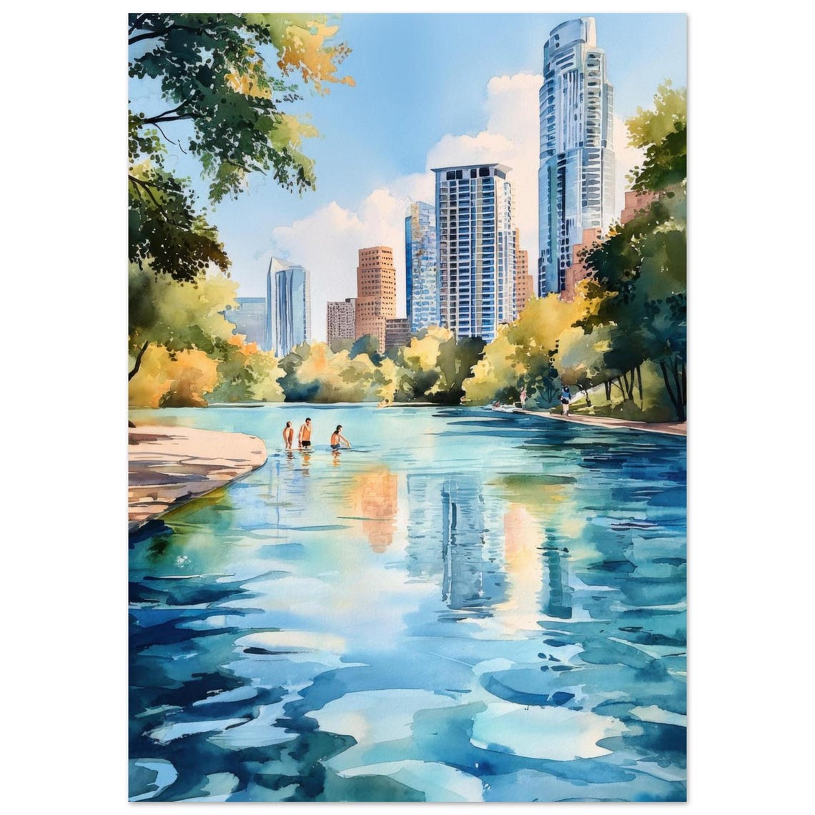 Lady Bird Lake Austin Watercolor Texas Skyline Lake View Poster