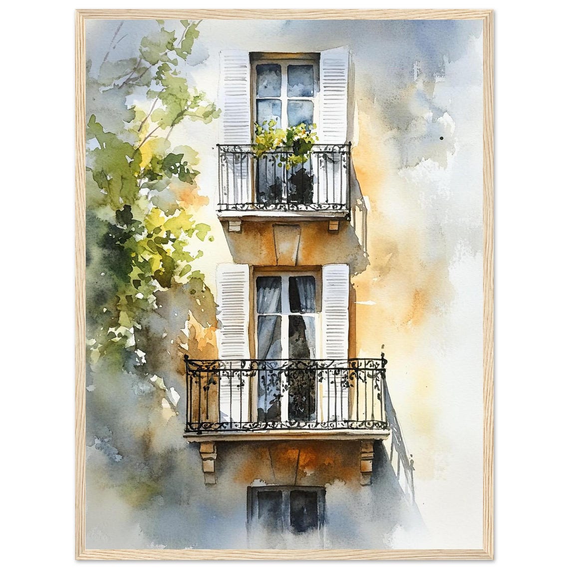 Parisian French Balcony Shutters Watercolor Architecture Art Print