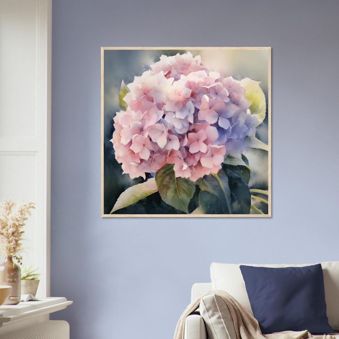 Hydrangea Soft Pink And Blue Blossom Heads Watercolor Poster - Image 2