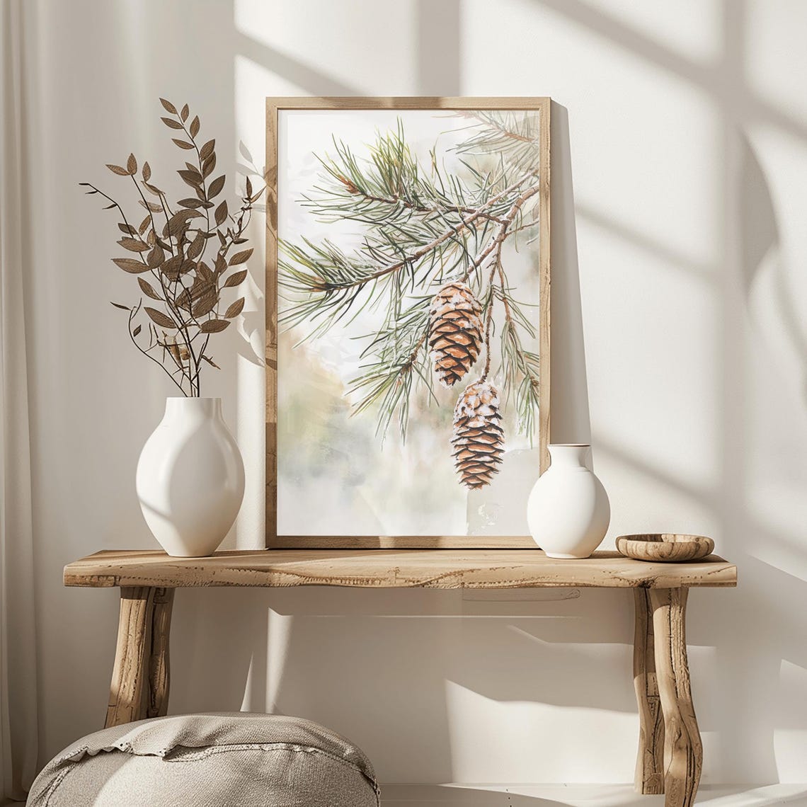 Snow Covered Pine Branch With Two Frosted Cones Watercolor Poster - Image 2