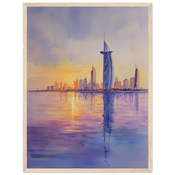 Dubai Burj Al Arab Golden Sunset Watercolor Skyline Travel Poster
