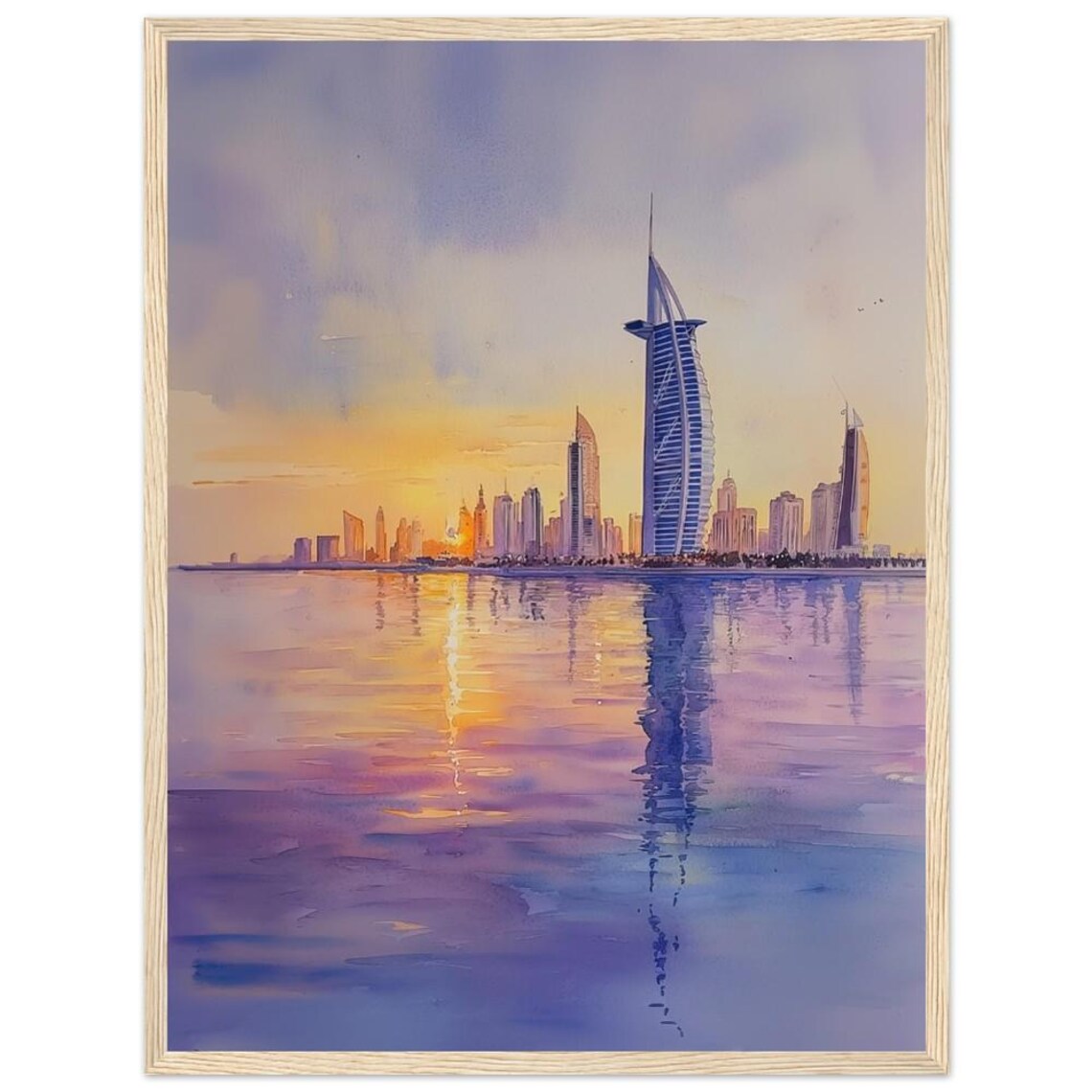 Dubai Burj Al Arab Golden Sunset Watercolor Skyline Travel Poster