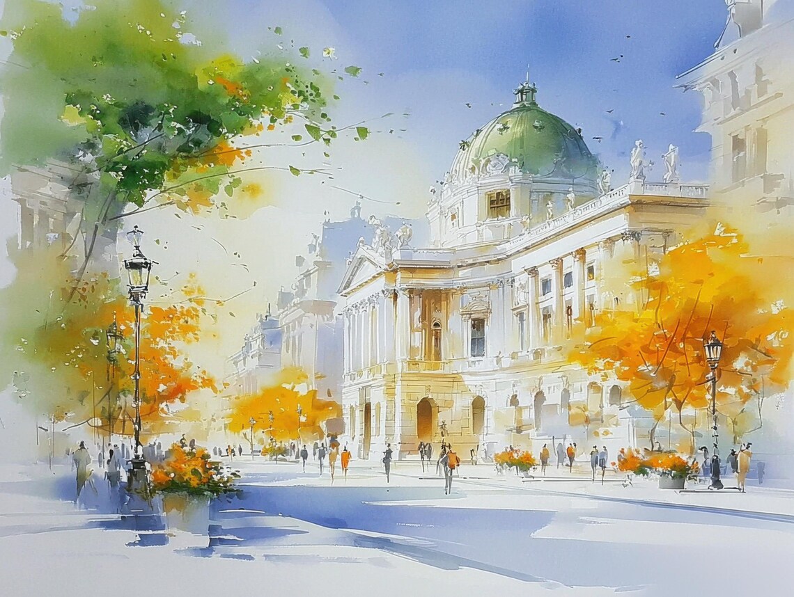 Vienna Autumn Street Watercolor Historic Architecture Art Poster