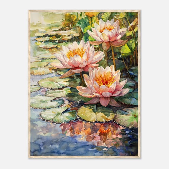 Water Lilies Watercolor Painting Hyperrealism Pond Art Sunlight Glistening Peach Tones Nature Wall Art Water Lilies Art Print Poster