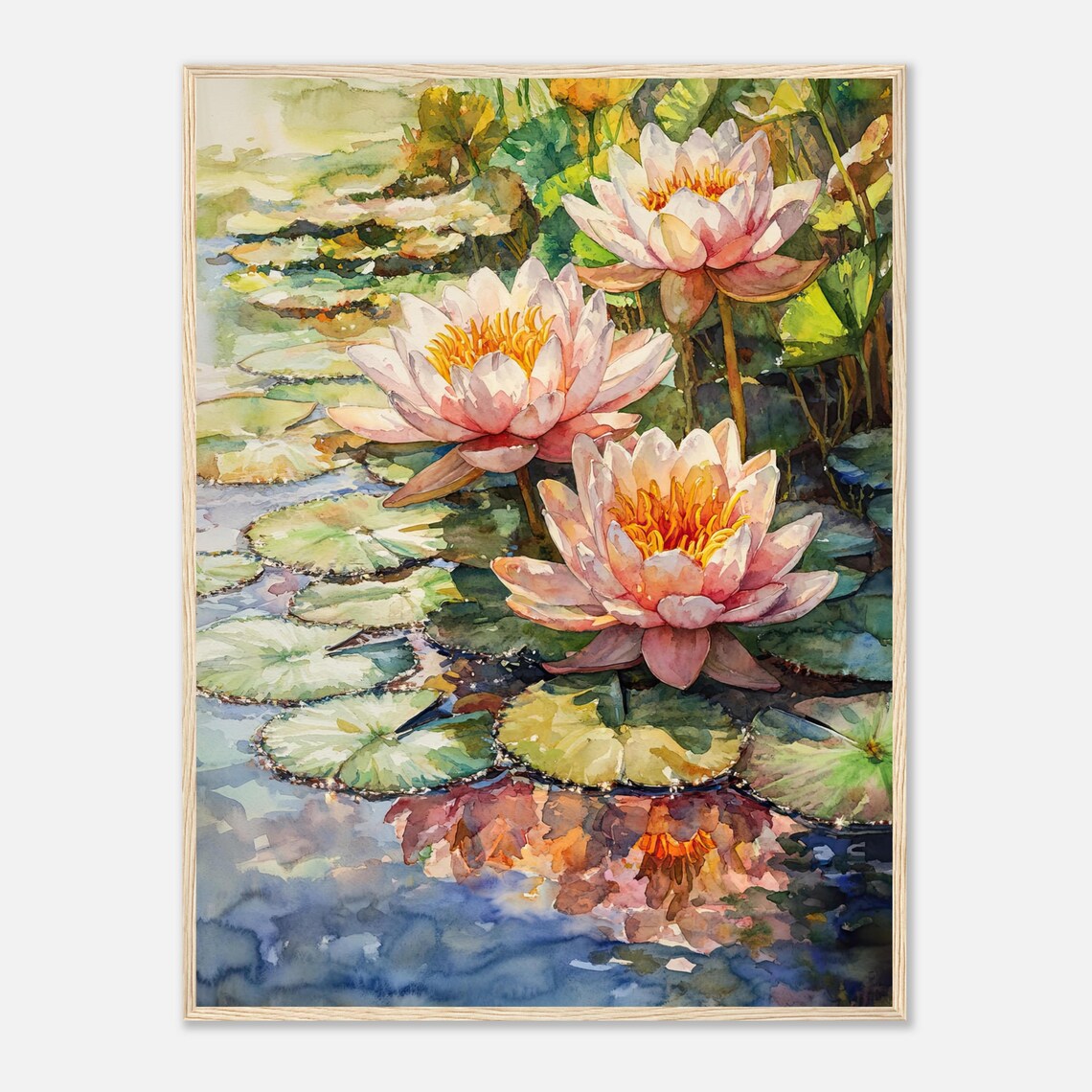 Pink Water Lily Pond Reflections Watercolor Floral Art Print
