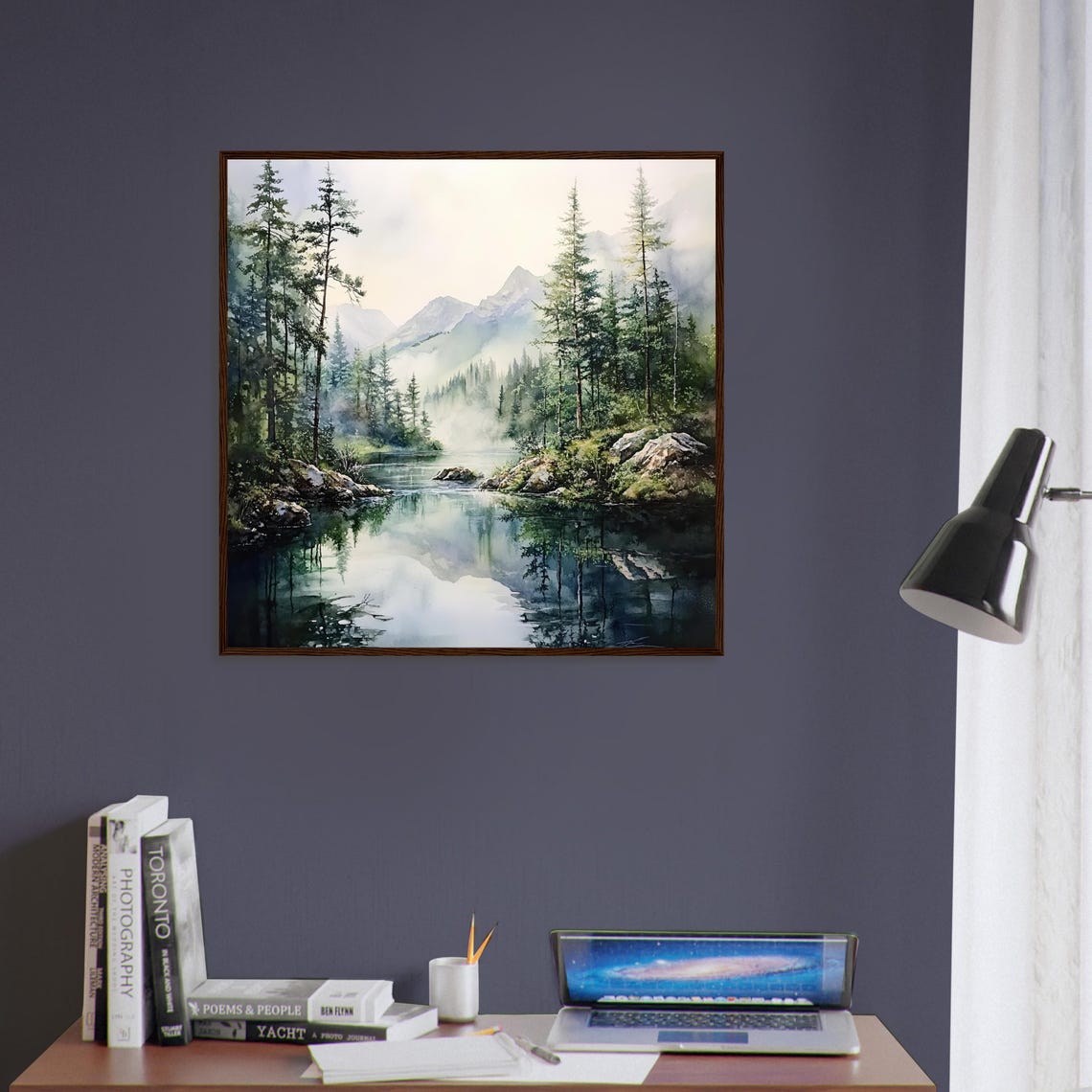 Mountain River Misty Pine Forest Lake Scene Watercolor Poster - Image 2