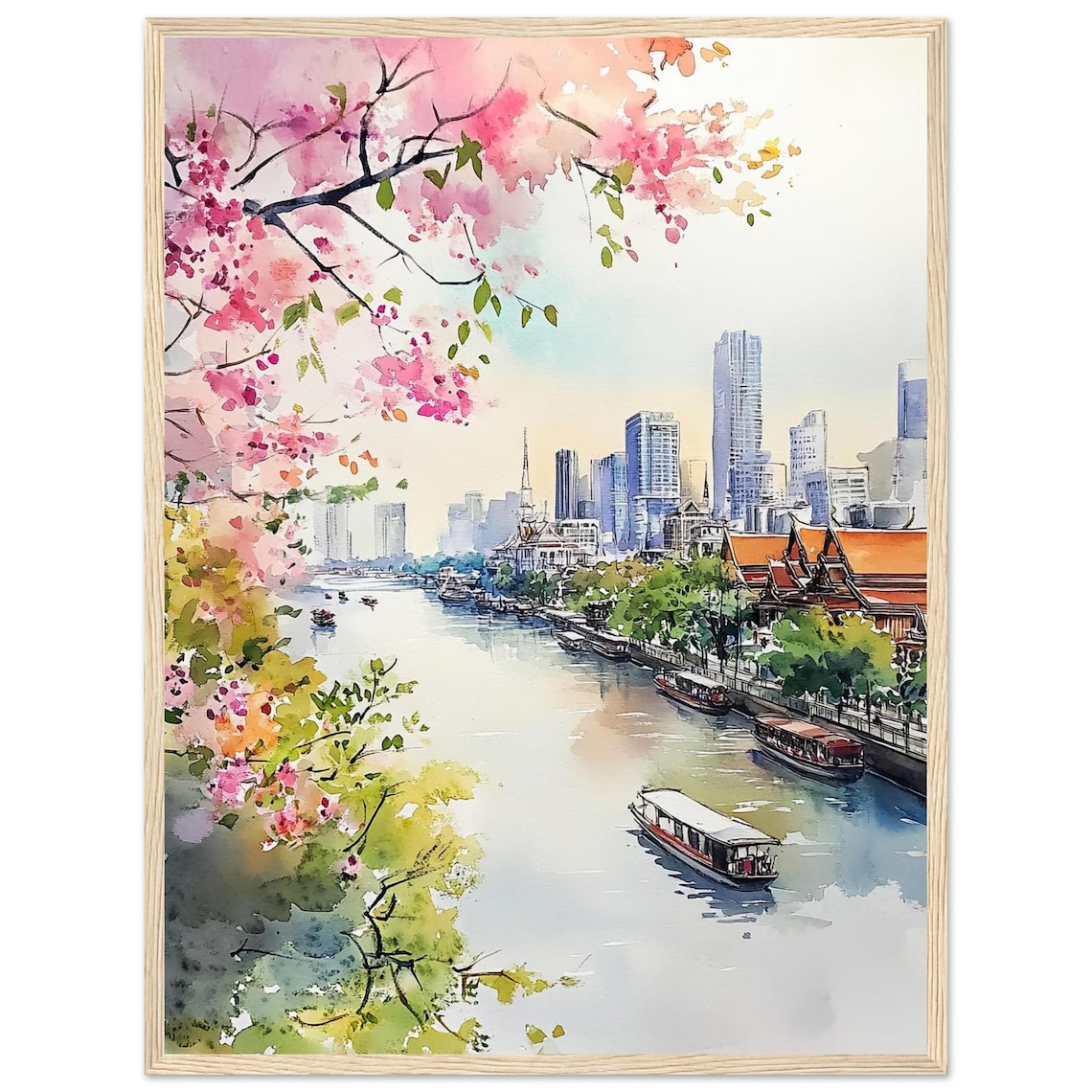 Bangkok Chao Phraya River Pink Blossoms Watercolor City Print